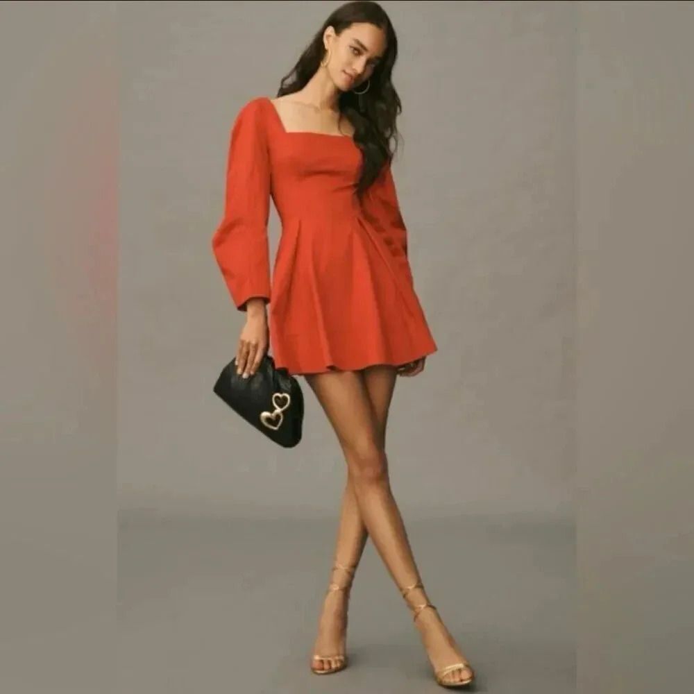 MAEVE x ANTHROPOLOGIE | Red Long-Sleeve Square-Neck Pleated Mini Dress | Size 1X